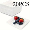 A stack of 20 white square paper plates is shown next to a single plate with fresh strawberries.