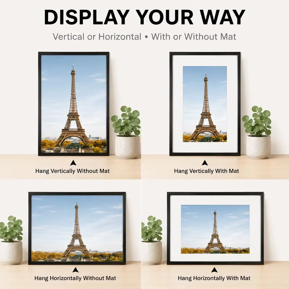 Display frames showing the Eiffel Tower in various orientations and with or without a mat.