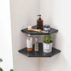 A set of two black wall-mounted corner shelves displaying natural wood and glass skincare products.