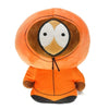 An orange plush toy resembling a cartoon character face with large eyes and a hood.