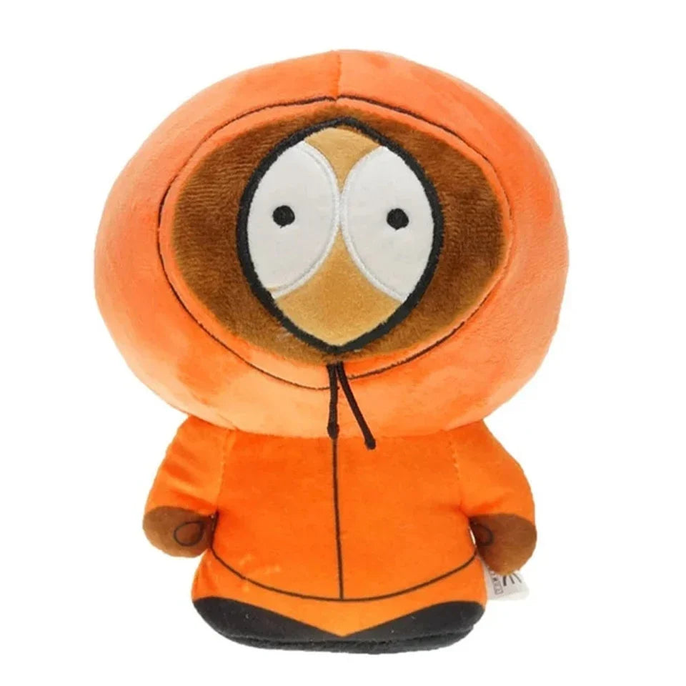 An orange plush toy resembling a cartoon character face with large eyes and a hood.