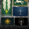 A collection of four banners featuring fantasy art, including a white horse, a tree silhouette, and ornate designs on dark gr