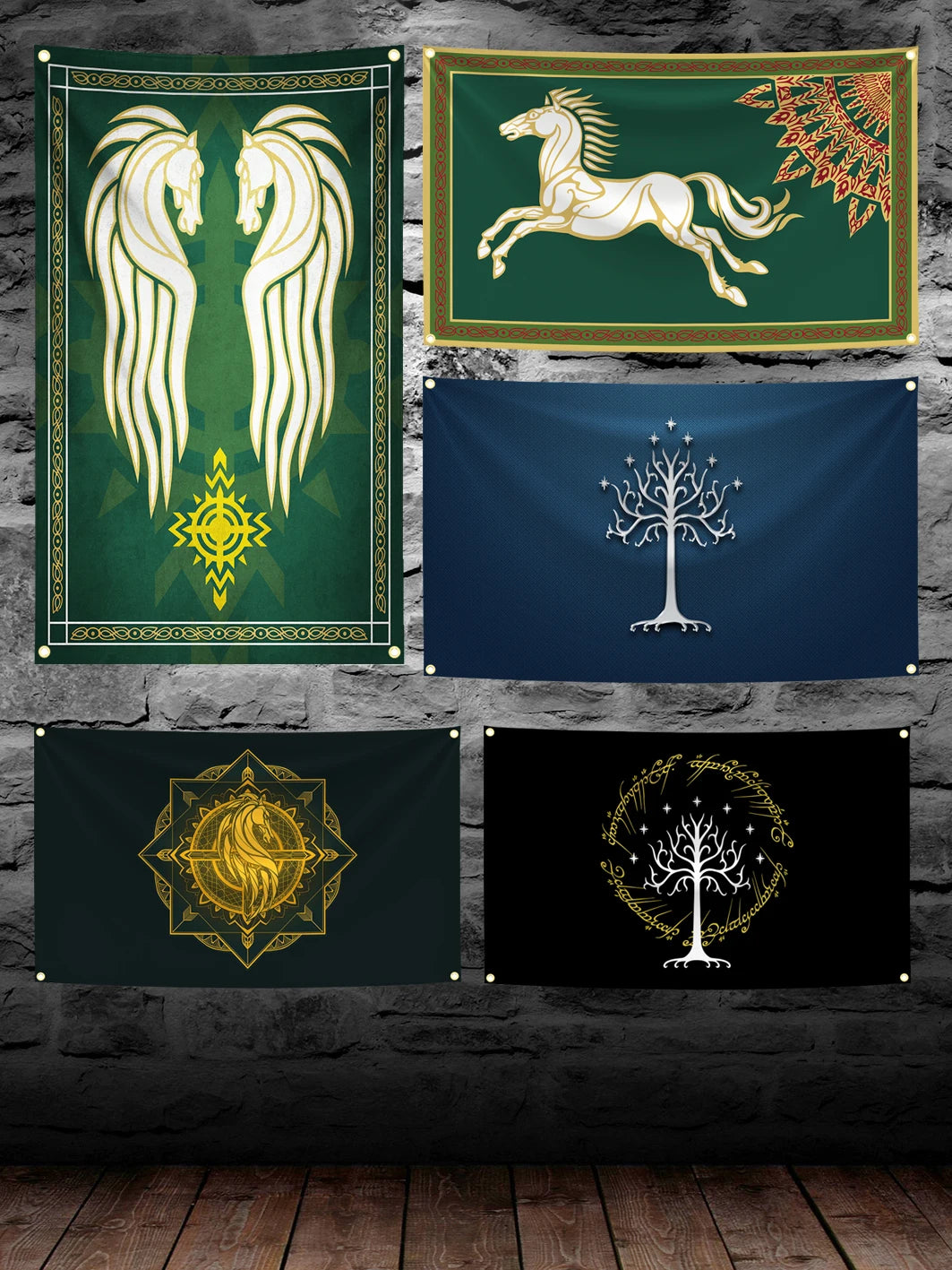 A collection of four banners featuring fantasy art, including a white horse, a tree silhouette, and ornate designs on dark gr