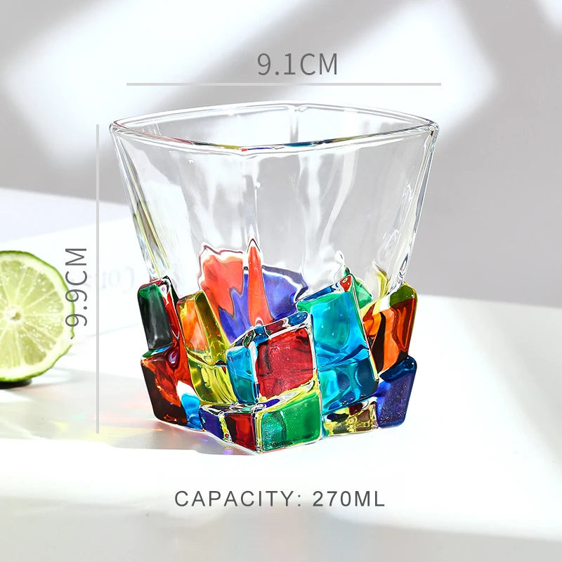 Faceted crystal whiskey glass with colorful facets and a clear bowl, showing its dimensions and capacity.