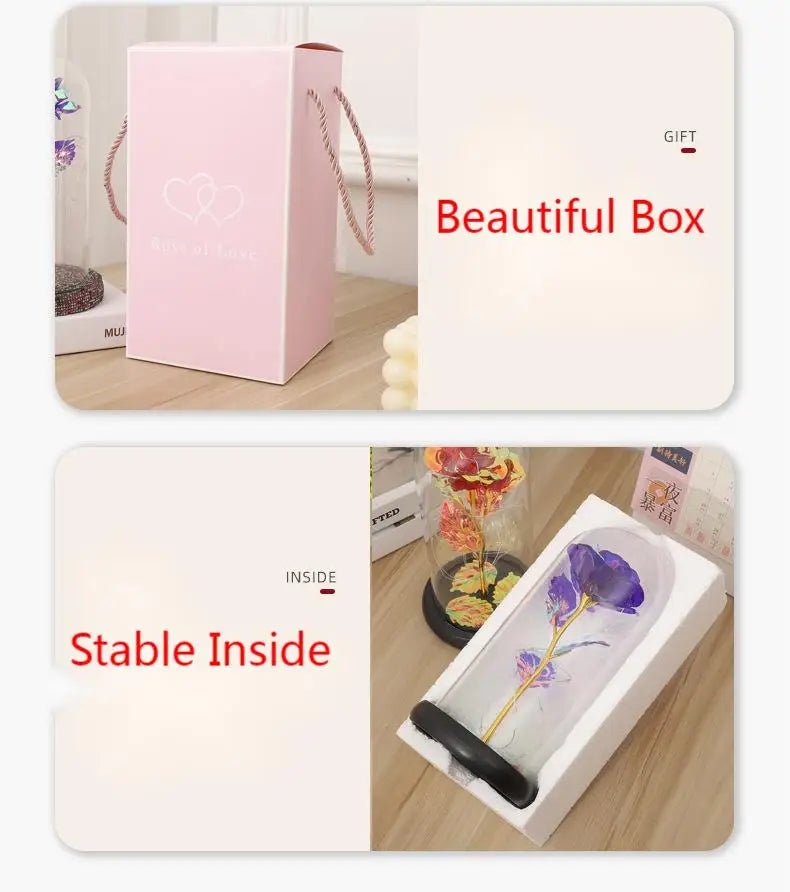 A pink box with a lid shows the inside of a beautiful box containing a rose crystal flower in an illuminated glass dome.