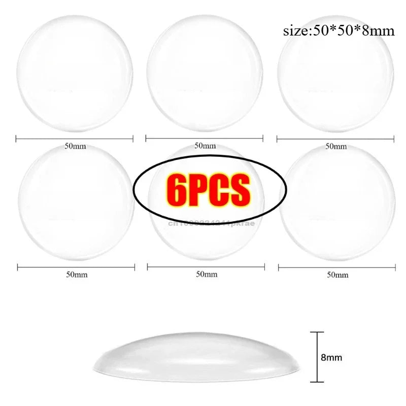 Six self-adhesive silicone door stoppers or bumpers with a diameter of 50mm and thickness of 8mm.
