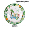 Ten 9-inch plates featuring a tropical dinosaur and foliage pattern for a party