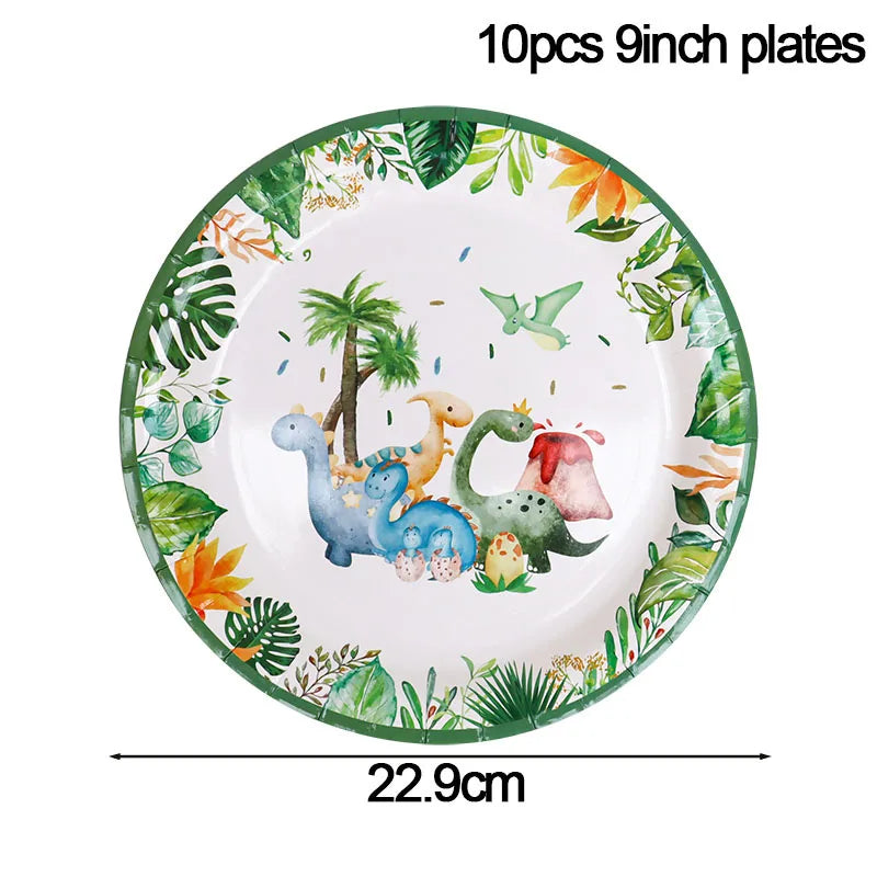 Ten 9-inch plates featuring a tropical dinosaur and foliage pattern for a party