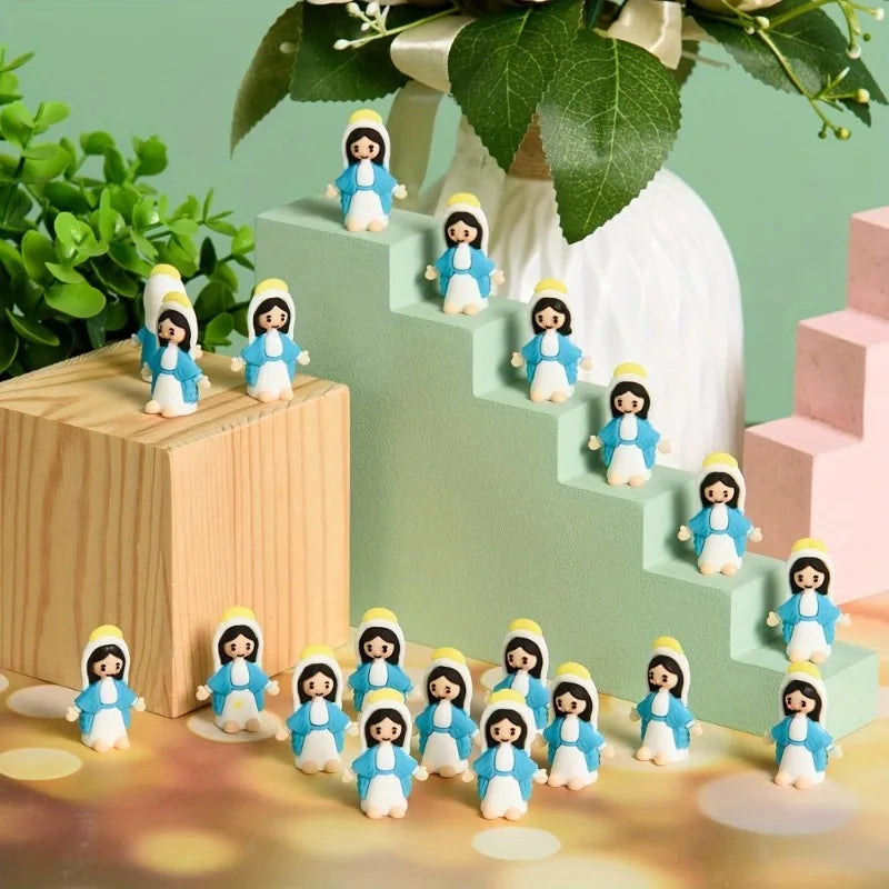 A set of 20 classic blue mini figurines with white hair and green accents arranged on a light green staircase.