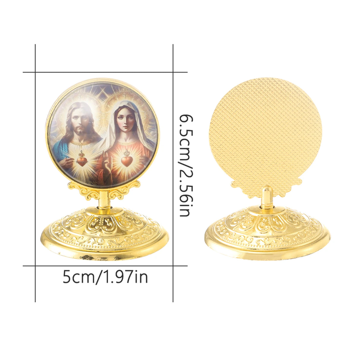 A gold-colored religious ornament featuring a depiction of Jesus and Mary on a circular disc.