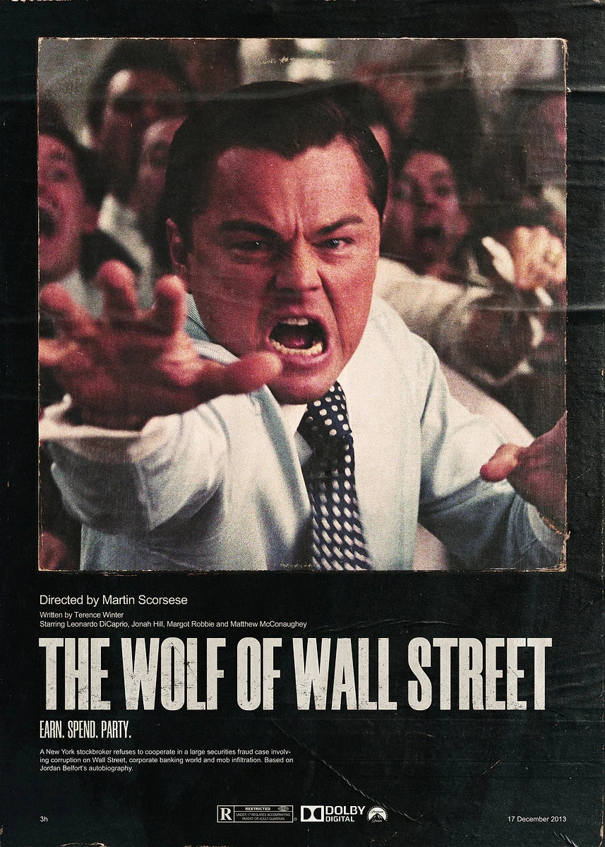 Movie poster for The Wolf of Wall Street featuring Leonardo DiCaprio and J. Paul Getty, directed by Martin Scorsese.