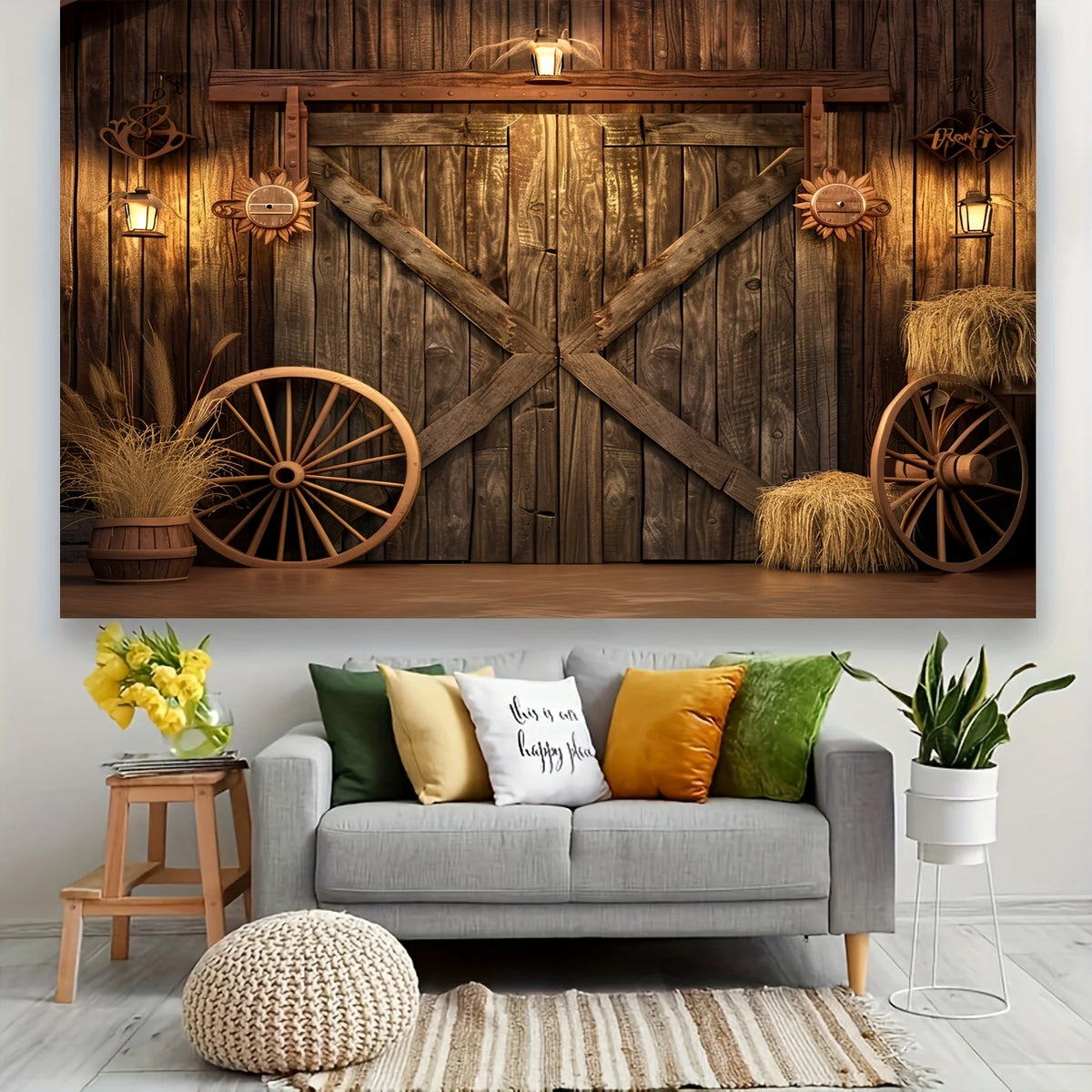 A rustic wooden backdrop featuring a weathered door and crossed beams, decorated with hay and wooden wheels.