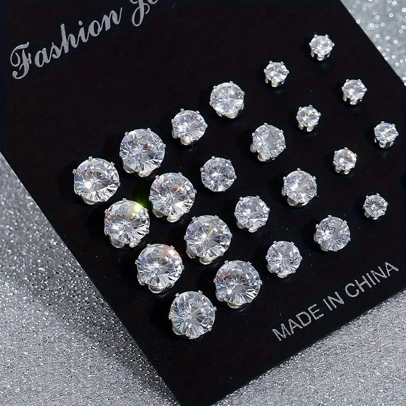 12-Pair Zircon Stud Earring Collection