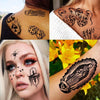 A collage of chicano temporary tattoos featuring skulls, dice, tarot cards, and intricate designs on skin.