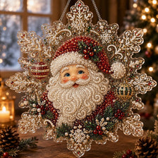 A festive DIY craft featuring a detailed Santa Claus face made of pearls and diamonds surrounded by greenery and sparkling el