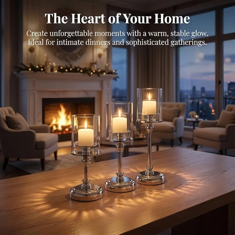 A set of three clear glass pillar candle holders with metal bases displayed on a wooden table.