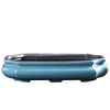 A glazed ceramic bonsai flower pot in a teal blue color with an oval shape.
