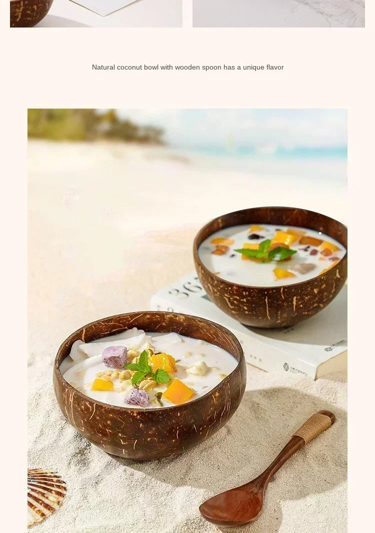 A bowl of coconut soup served in a natural coconut shell bowl with a wooden spoon on a light background.
