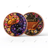 A round copper art bar featuring a wildflower honey theme with bees and flowers.