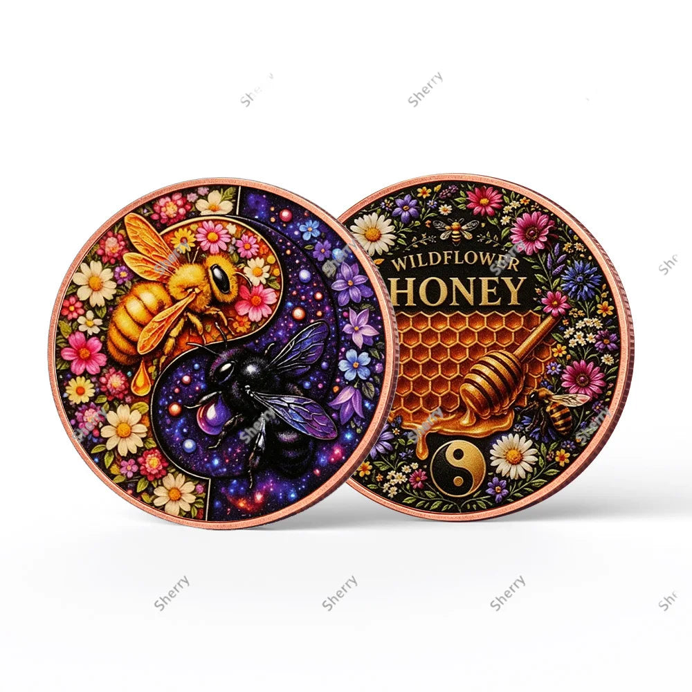 A round copper art bar featuring a wildflower honey theme with bees and flowers.