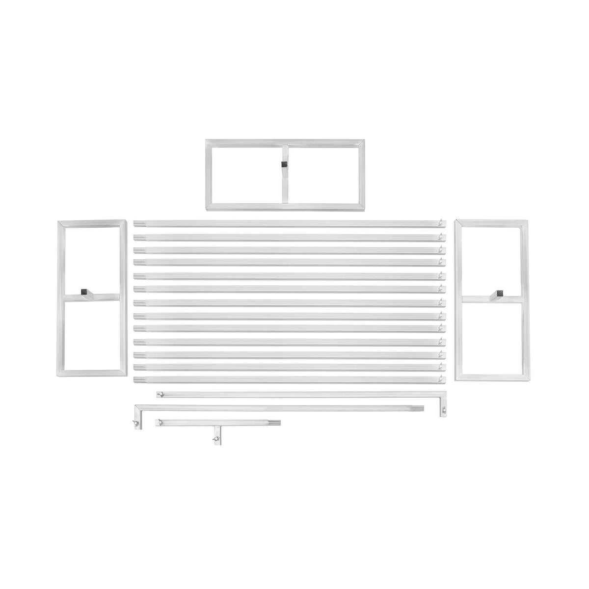 A white galvanized iron wedding arch backdrop frame with a rectangular top and horizontal bars.