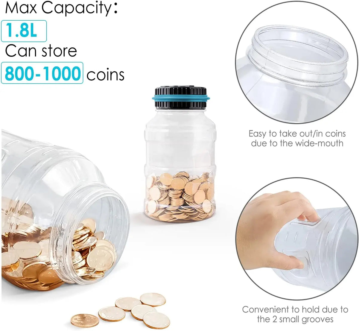 A clear plastic jar filled with gold coins, demonstrating its capacity and ease of use.