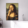 A painting of a woman with reddish hair touching her face, displayed as bathroom wall art.