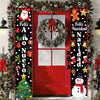 A festive red door banner decorated with Christmas wreaths, holiday greetings, and festive greenery.