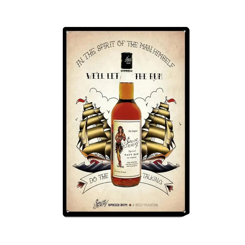 A vintage beer metal tin sign for wall decor featuring a bottle of Spirit Navy Rum