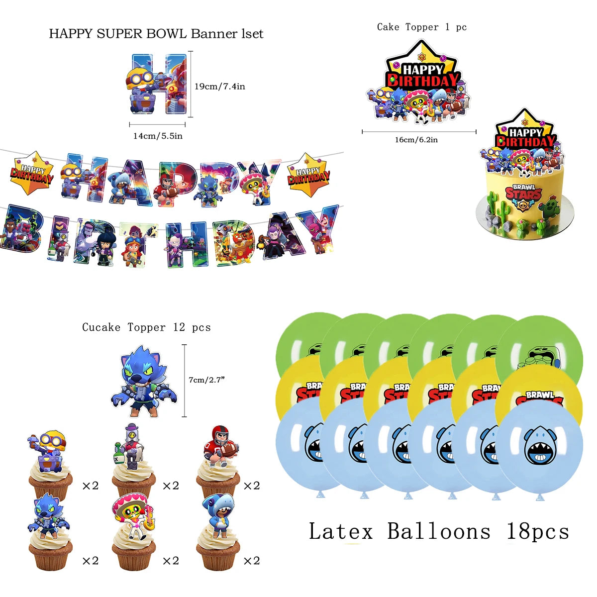 A set of happy birthday acrylic cake toppers featuring various characters and designs