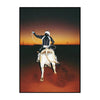 A silhouette of a rider on a horse against an orange sunset sky, rendered in canvas wall art.