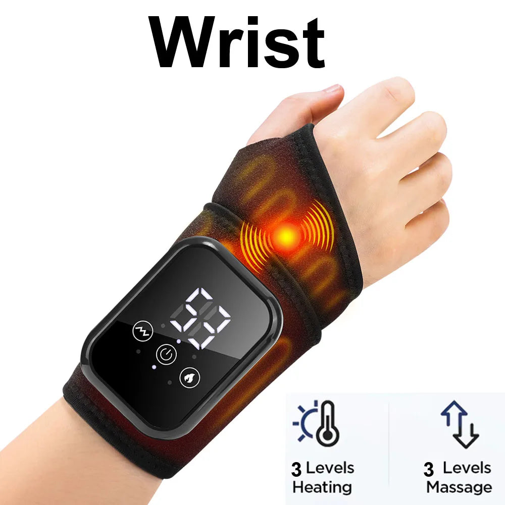 A hand wearing a black and orange heated wrist massager with massage and vibration features.