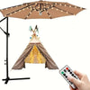 A brown patio umbrella light with a fabric canopy is shown, illuminated by string lights, next to a remote control.