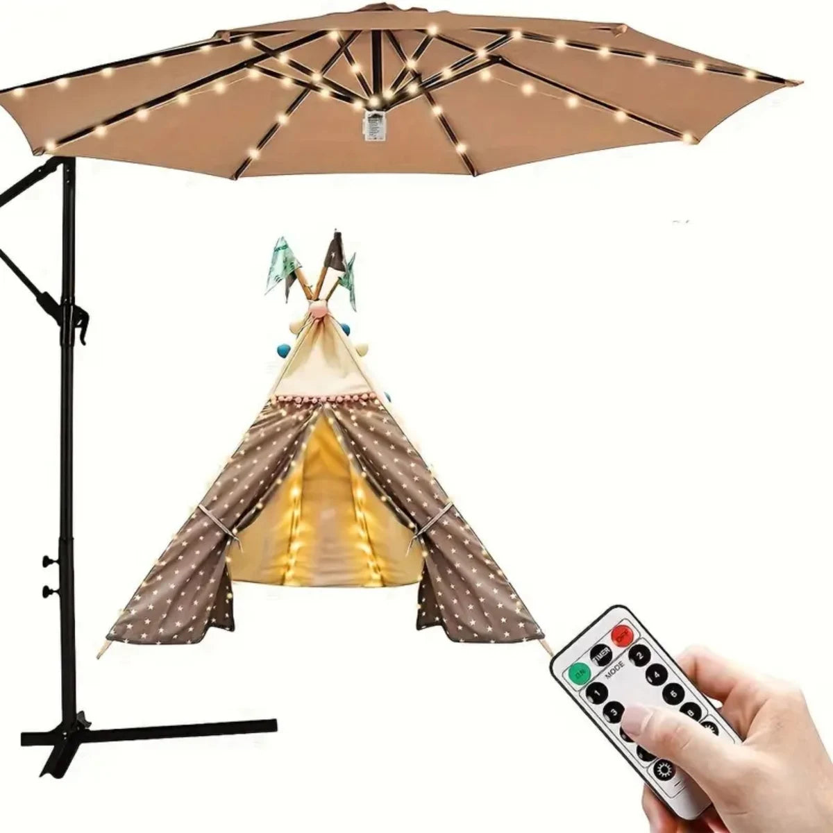 A brown patio umbrella light with a fabric canopy is shown, illuminated by string lights, next to a remote control.