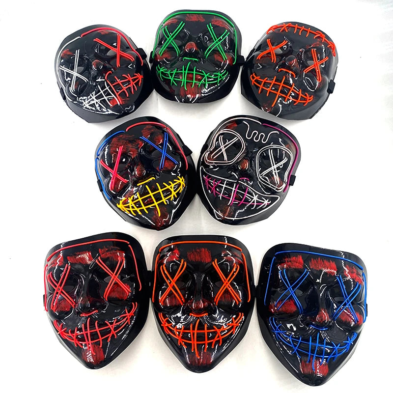 A set of five glow-in-the-dark LED purge masks featuring neon wire details on a black background.
