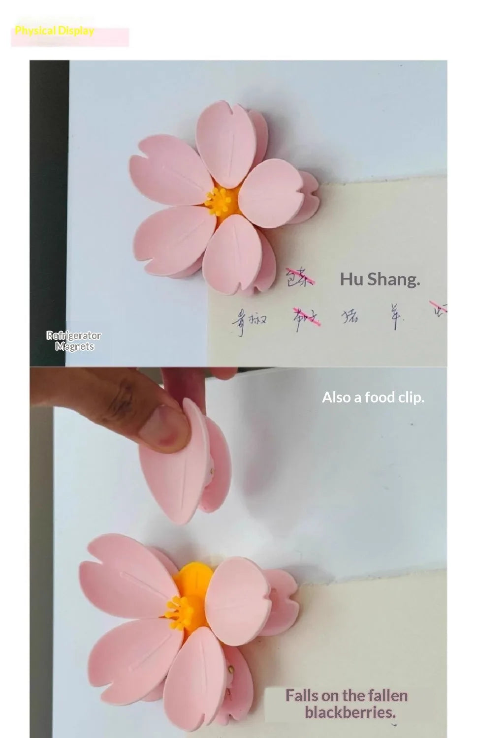 Pink magnetic cherry blossom sealing clips falling on blackberries.