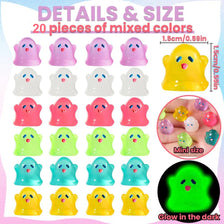 A collection of 20 glow-in-the-dark ghost figurines in various colors and sizes, including pink, yellow, white, and green.