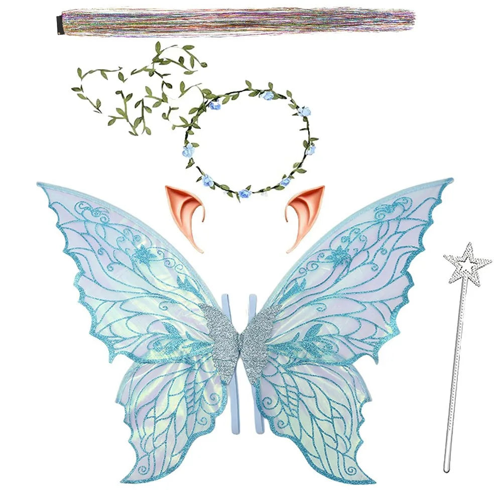 Sparkling fairy wings costume set featuring iridescent blue wings, a wand, and a floral crown.