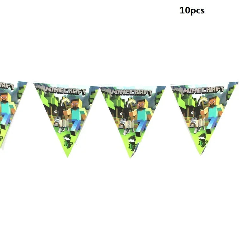 A set of Minecraft-themed party supplies including flag pulling cake toppers and tableware.