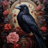 A painting of a black raven perched in an ornate, dark Victorian Gothic frame surrounded by roses and foliage.