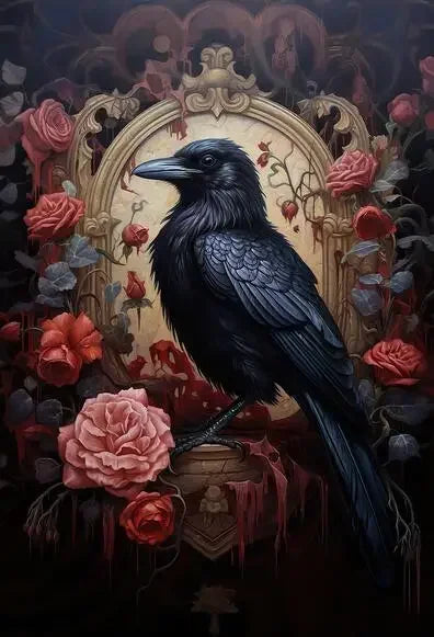 A painting of a black raven perched in an ornate, dark Victorian Gothic frame surrounded by roses and foliage.