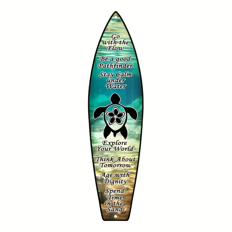 A wooden wall decor sign shaped like a surfboard featuring inspirational text about flow and exploring the world.