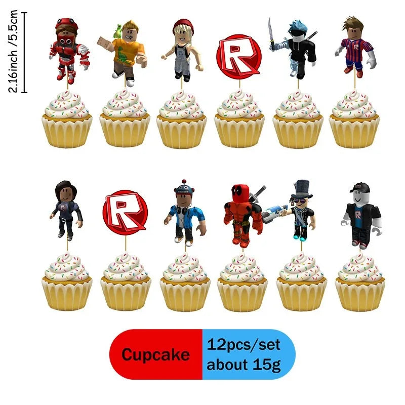 A set of 12 robot-themed disposable cupcakes with various figures and accessories.