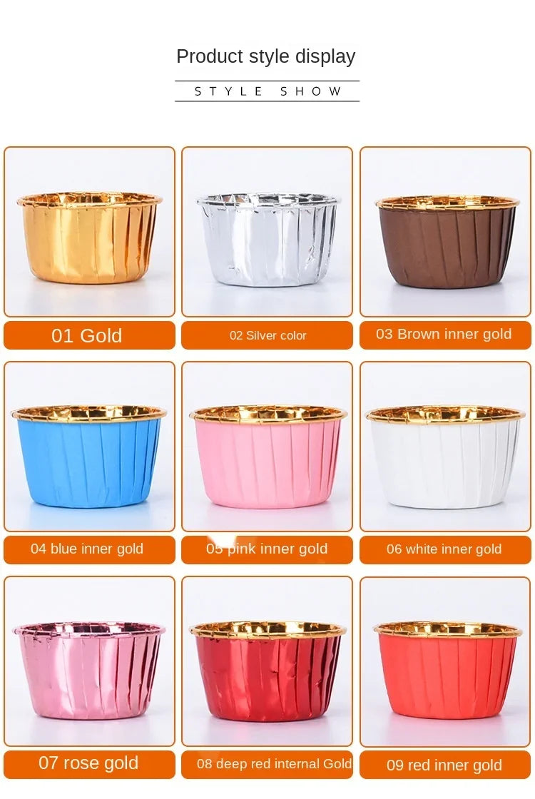 Display of nine different colored gold and silver greaseproof cupcake liners.