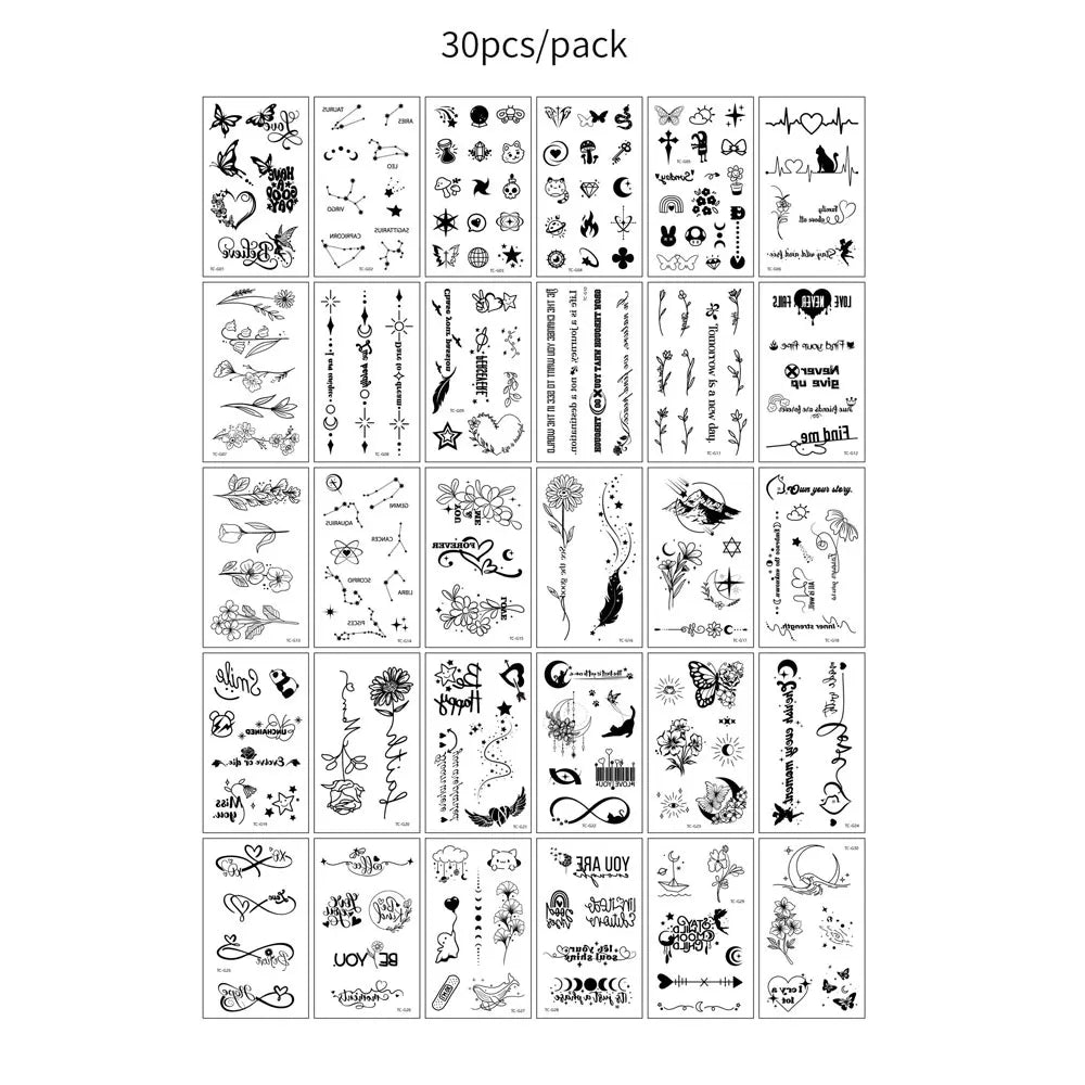 A collection of 30 sheets of realistic black butterfly temporary tattoos.