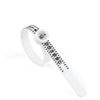 A white adjustable ring sizer with a built-in magnifier showing numbered rings.