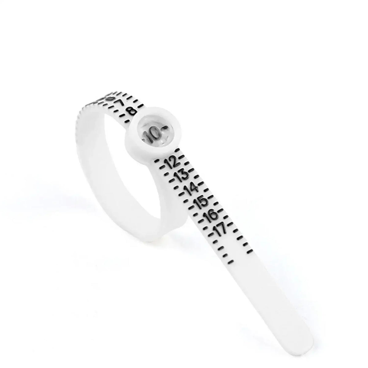 A white adjustable ring sizer with a built-in magnifier showing numbered rings.