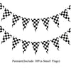A banner made of black and white checkered flags used for birthday party decorations.