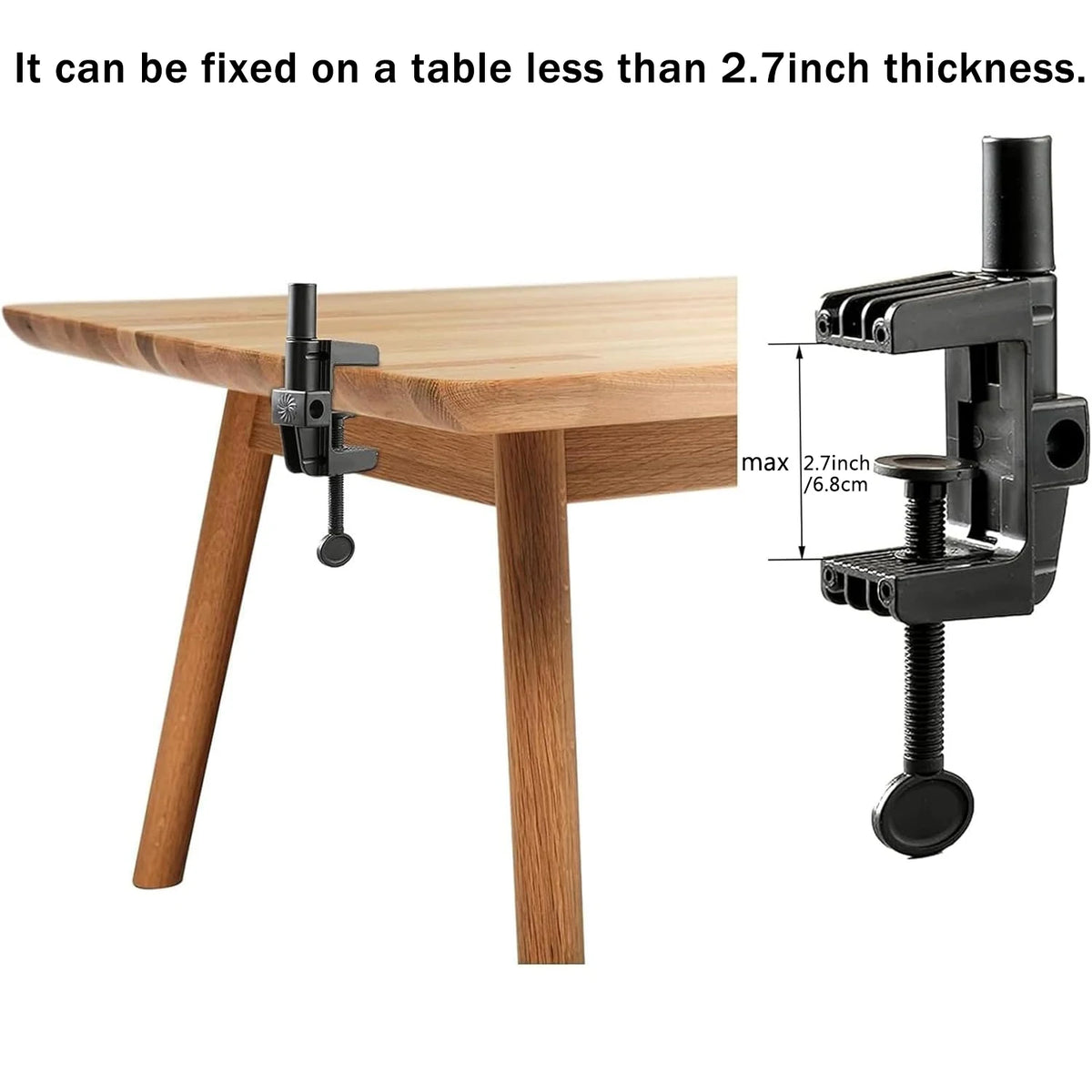 Black adjustable frame and clamp mechanism for fixing items on a table.