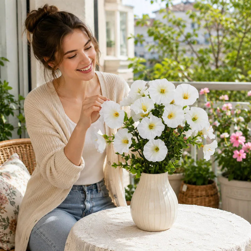A woman smiles while holding a bouquet of white artificial silk cloth flowers on a table.